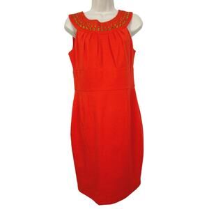 Trina Turk Dress Womens 8 Career Sleeveless Orange Gold Trim Sheath Knee Length